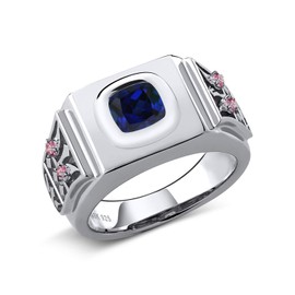 Gem Stone King 2.53 Ct Cushion Blue Created Sapphire Pink Lab Grown Diamond 925 Silver Men'S Ring (Size 8)