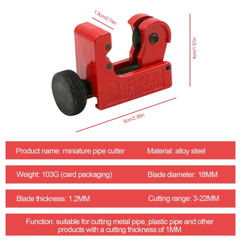 Mini Pipe Cutter, 3-22mm Adjustable Pipe Cutter Zinc Alloy Cutting