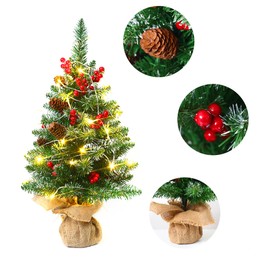 18 Inches Mini Christmas Trees Battery Operated Artificial Prelit Tabletop Christmas Tree with Warm Lamp String Light Berries Pine Cone Ornaments for Dining Table Desk Home Holiday Decorations
