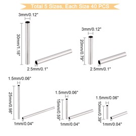 DICOSMETIC Pack of 200 Tube Beads, Stainless Steel Straight Beads, Long Pasta Beads, Spacer, Loose Beads, Small Hole Beads, 10/15/20/25/30 mm for Bracelets, Necklaces, Jewellery Making