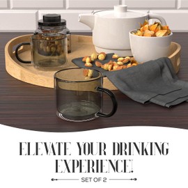 elle decor Double Wall Coffee Cups | Set of 2 | Cute Coffee, Tea, and Milk Glass Mugs with Handle | Insulated Espresso Cup | 10-Ounce | Gift Set for Valentines Day, Birthday, & Holidays (Gray)