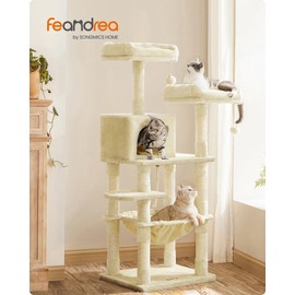 Feandrea Cat Tree, 56.3-Inch Cat Tower for Indoor Cats, Multi-Level Cat Condo with 11 Scratching Posts, 2 Perches, Cave, Hammock, Beige UPCT15BE