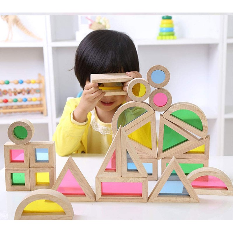 Agirlgle Wood Building Blocks Set for Kids 24 Pcs Rainbow
