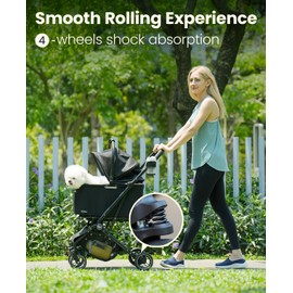 Pawccoli 4 Wheels Pet Stroller, Dog Stroller for Small/Medium Dogs and Cats up to 33 lbs, One-Click Fold & Draggable, Removable Carrier, Zipperless Entry, Mesh Windows, Black