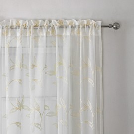 VISIONTEX Sheer Curtains 54 inch Length 2 Panels Set, White Voile Crushed Cream Vine Leaves Embroidery, Rod Pocket Embroidered Window Drapes for Living Room and Bedroom, 54" x 54"