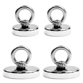 Pack of 4 Eyelet Magnets Strong, Magnets Strong 32 kg 60 kg, Fishing Magnets Strong, Neodymium Magnet Extra Strong, Magnetic Fishing Magnets Round for Home, Workshop, Water, Diameter 32 mm, D 42 mm