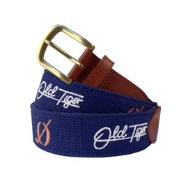 Swig Sip Needlepoint Golf Belt for Men - Flat Brass Buckle Leather Backing Non-Stretch Golf Accessory Durable Country Club Design (Navy, 36 Belt (Fits size 34 pants))