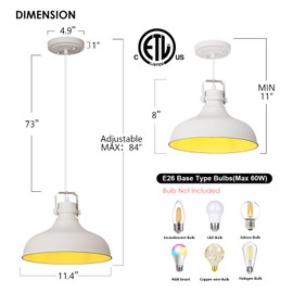 ALAISLYC White Farmhouse Pendant Lights Matte Pendant Lighting for Kitchen Island Industrial Adjustable Height Vintage Dome Hanging Light Fixtures for Barn, Dining Room 3 Packs