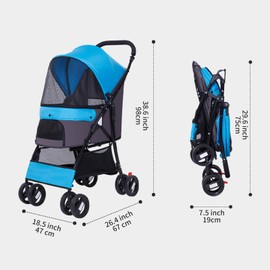 Sunny Sonny Foldable Jogger Pet Stroller with Weather Cover Storage Basket Pet Travel Carrier for S/M Dogs Cats up to 50lbs (Blue)