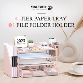 SUPEASY Mesh Desk Organizer, 4 Trays Letter Tray Paper Organizer with File Holder, Desk File Organizer with 1 Extra Drawer & 2 Pen Holders, Paper Sorter with Handle for Office, Pink