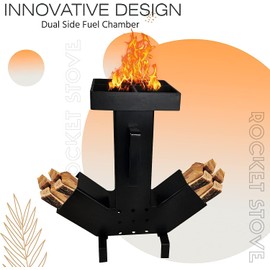 FEBTECH - Camping Rocket Stove - Dual Side Large Fuel Chamber - Self Feeding Camping Stove– Removable Top – For Outdoor Cooking, Picnic, Camping, Hunting