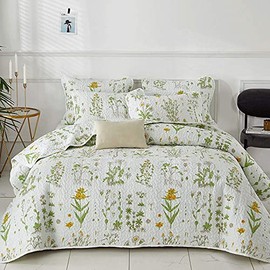 Joyreap 2 Pieces Reversible Quilt Set, Smooth Soft Microfiber Quilt, Yellow Flowers Green Leaves Botanical Design, Bedspread Bed Cover for All Season, 1 Quilt n 1 Pillow Sham (Botanical, Twin)
