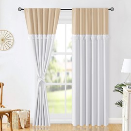DWCN Back Tab Window Curtains - 84 inches Long Room Darkening Tieable Patchwork Curtains with Lace - Country Rustic Style - Beige & White - 2 Panels