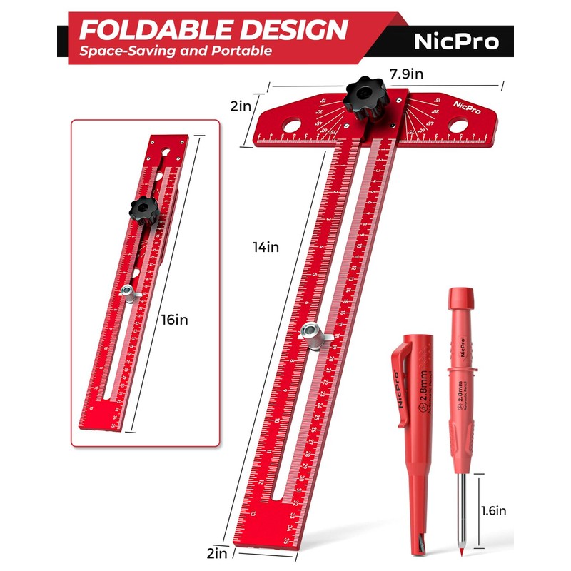 Nicpro Woodworking Scriber Marking Line Ruler, Adjustable Aluminum Alloy Sliding