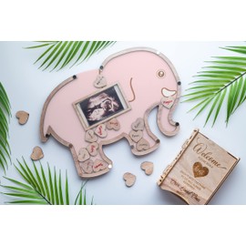 Elephant Baby Shower Guest Book Alternative - Pink Safari Jungle Shower Decorations & Centerpiece - Sonogram Frame Keepsake - Elephant Nursery Decor & Photo Frame