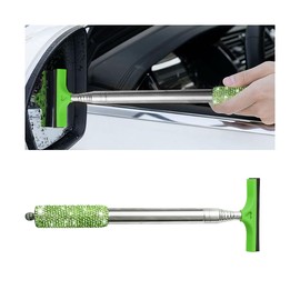Sandfren Bling Car Rearview Mirror Wiper, Retractable Rhinestone Vehicle Window Squeegee Cleaner, Diamond Telescopic Portable Automotive Mirror Glass Cleaning Tool, Universal Fit (Green)