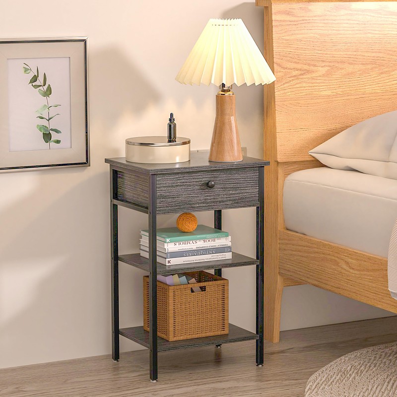 VECELO Tall End Side Table,Nightstand with Adjustable Shelf and Bin