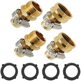 Solid Brass Female and Male Hose Connector Set for 3/4" or 5/8" Garden Hose - 2 Menders With Clamps