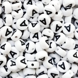Looconi Vowel Letter Beads A 200pcs 7x4mm White Round Acrylic Black Alphabet for Bracelet Jewelry Making