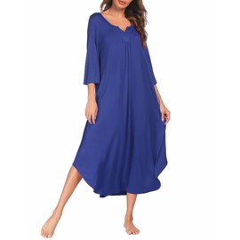Ekouaer Womens, Nightgown Nightshirt, Long 3/4 Sleeve Lounge Dress, Plus Size Loungewear, V neck, loose Full Length Maxi Sleepshirt, A-blue, XX-Large