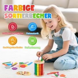 Montessori Colour Shape Sorter Made of Wood, Montessori Toy, Educational Toy from 1 Year with 10 Shapes & 8 Colours, Motor Skills Toy for Fine Motor Skills Promotion, Natural Wood & Safe for Babies