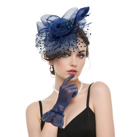 Bniksok 1920s Navy Blue Fascinators Hat Set for Women Tea Party Hats Veil Mesh Feather Headband Lace Gloves Set