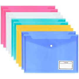 Plastic Wallets - 10 Pack A4 Plastic Folders Document Files Envelope - Plastic Popper Wallets with Label Pocket and Snap Button for School Office Homework Travel, Assorted Colours