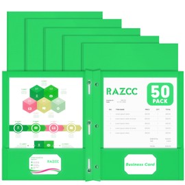 Two Pocket Folders, RAZCC 50 Pack Two Pocket Folders with Prongs, 3 Prong Folders Fit Letter Size Paper, Pocket File Folders for School Office Home Business, Green