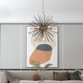 Maxax Sputnik Chandelier, 7 Lights Satellite Pendant Light fixtures, 25.6'' Modern Starburst Firework Metal Ceiling Light for Dining Room, Bedroom, Kitchen, Hallway, Entryway, Black and Gold, E12