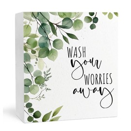 Wash Your Worries Away Funny Bathroom Wooden Box Sign, Eucalyptus Botanical Wood Signs for Restroom Bathroom Toilet Half Bath Shelf Counter Decor, 5x5 Inch