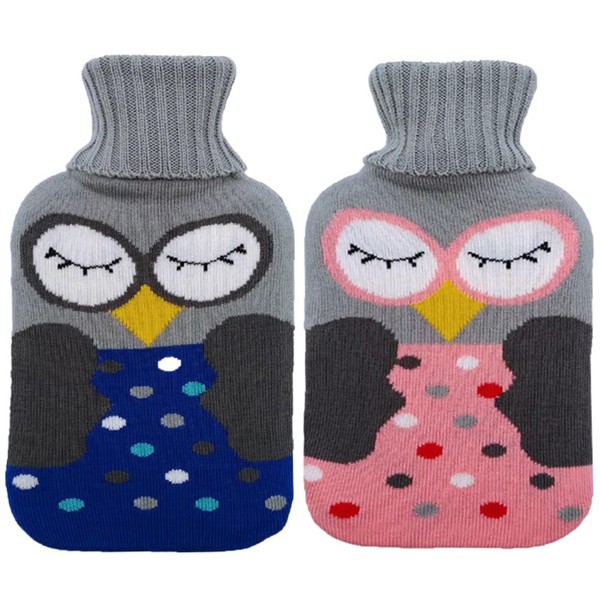 Pack of 2 Hot Water Bottle with Cover, 1 Litre Hot Water Bottle Cover, Knitted Cover, Removable and Washable Heat Bag with Knitted Cover for Adults and Children (Pink + Blue)
