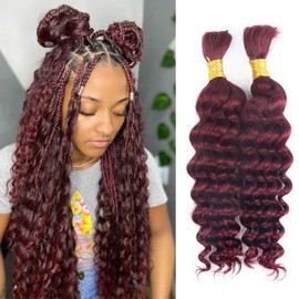 Human Braiding Hair for Boho Braids 100g Deep Wave Boho Hair for Braiding Knotless 12A Wet and Wavy Curly Bohemian Bulk 2 Bundles 100% Human Hair Extensions No Weft Burgundy 99J 20 Inch