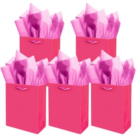 Gcardist Bright Pink Gift Bags with Tissue Paper for Wedding, Birthday, Party Supplies-7.9"x4.3"x9.6" Medium Size Cardboard Gift Bags（5pcs Bags +10pcs Tissue Paper ）