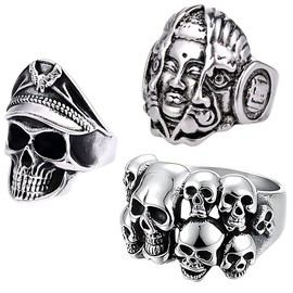 Reccisokz 3 Pieces Mens Ring, Adjustable Skull Ring, Men'S Vintage Stainless Steel Gothic Skulls Ring, Black Ring Men, Gothic Rings, Rings Men,mood ring(3shape)