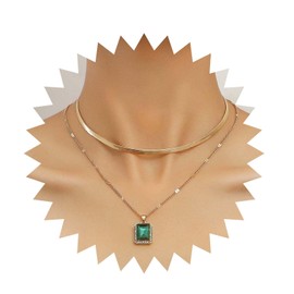 Inilbran Vintage Gold Layered Necklace Boho Emerald Pendant Necklace Gold Snake Chain Choker Necklace Green Gemstone Square Necklace Jewellery for Women or Girls