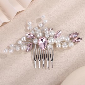 Teyglen Pink Crystal Wedding Pearl Hair Comb Elegant Crystal Pearl Hair Piece Bride Wedding Hair Comb Decorative Hair Accessories for Women Rhinestone Headpiece (Pink)