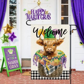 DLZDN Mardi Gras Highland Cow Garden Flag New Orleans Carnival Garden Flag 12×18 Inch Double Sided Vertical Burlap Farmhouse Yard Flag Holiday Outdoor Decor
