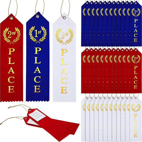 36 Pieces Award Ribbons 1st, 2nd, 3rd Place Flat Carded Set First Place Prizes with Event Card and Rope for Competition, Sports Event, School, Contests, Blue Red White
