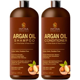 INFINA ESSENTIALS Set de Champú y Acondicionador de Aceite de Argan para Hombres y Mujeres - Juego de Champú Acondicionador Hidratante y Nutritivo