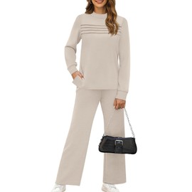 WIHOLL Lounge Sets for Women 2 Piece Fall Outfits 2025 Travel Winter Business Casual Outfits Vacation Wide Leg Crop Pants Mock Neck Khaki XL