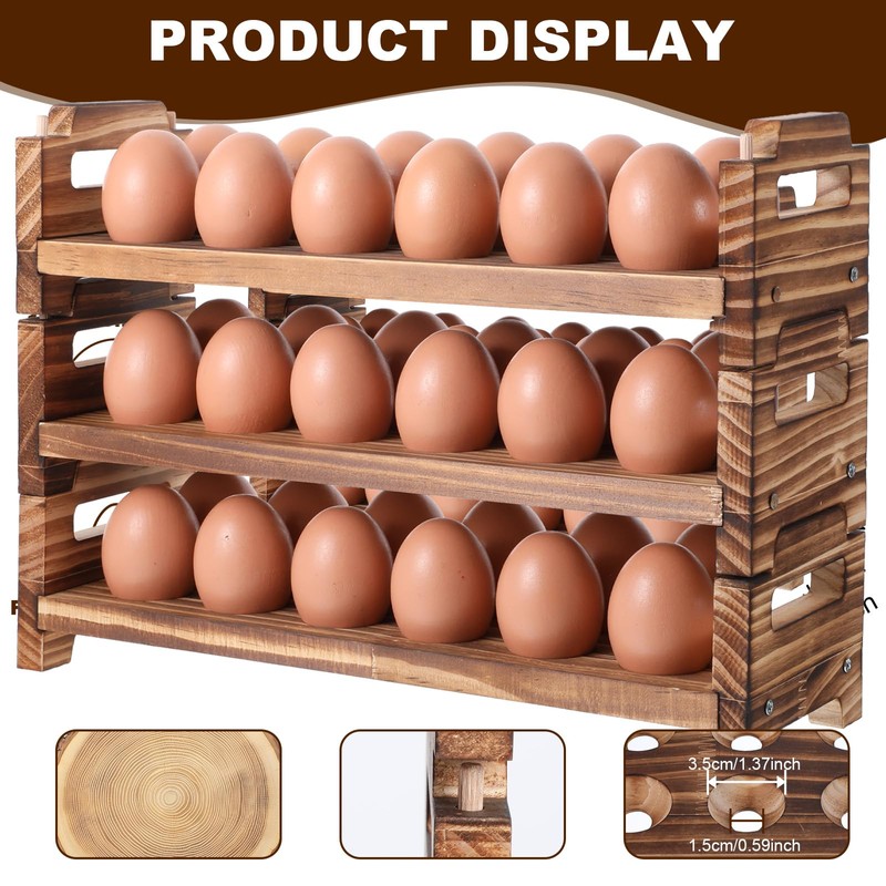 Egg Holder Countertop, 3-Tire Solid Wooden Egg Holder, Stackable Egg