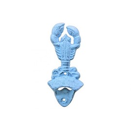 Hampton Nautical Dark Blue Whitewashed Cast Iron Wall Mounted Lobster 6" Bottle Opener