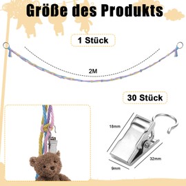 200 cm Hanging Stuffed Toy Holder with 20 Metal Clips, Cuddly Toy Storage, Boho Storage Cuddly Toy, Stuffed Toy Storage, Nursery Decoration, for Hanging Hats, Socks (Colourful)