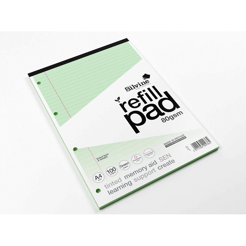 Silvine A4 Green Paper Dyslexia Refill Pad - Lined with