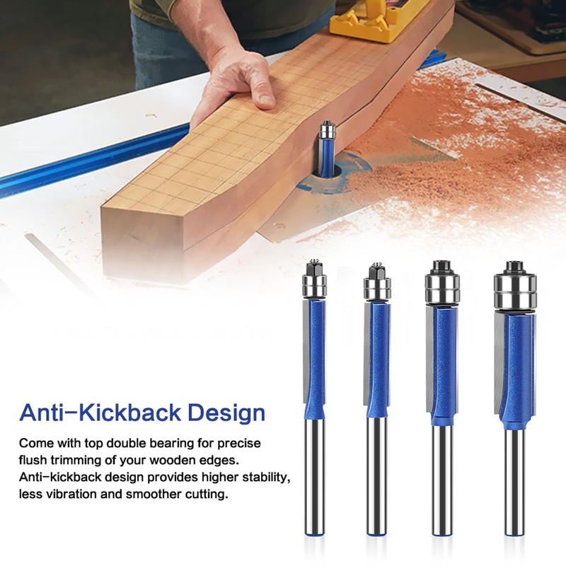 4Pcs Flush Trim Bit Set 6mm Shank Top Double Bearings