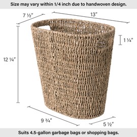 StorageWorks Wicker Waste Basket, Wicker Trash Basket with Built-in Handles, Handwoven Seagrass Trash Can, Wicker Garbage Can for Bedroom, Bathroom, 1 Pack