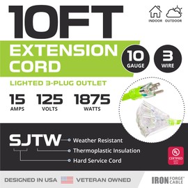 Iron Forge Cable 10 Gauge Extension Cord 10 ft with 3 Outlets Pigtail, 10/3 Heavy Duty Extension Cord with Multiple Outlets for Outdoor & Indoor, 15 AMP Great for Major Appliance, UL Certified