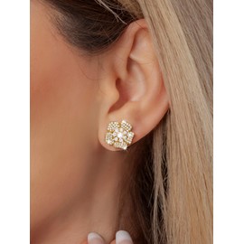 SWEETV Cubic Zirconia Flower Stud Earrings for Women Hypoallergenic Fashion Jewelry, Wedding Bridal Earrings for Brides, Bridesmaids Prom Formal Party, Gold