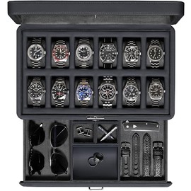 ROTHWELL Luxury Watch Box for 12 Watches – PU Leather Watch Box with Real Glass Lid – Slide out Accessory Drawer with Multiple Compartments (Carbon)