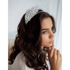 Aimimier Bridal Crystal Leaf Vine Tiara Crown Gold Leaf Headband Wedding Headpiece Bridesmaid Prom Festival Hair Accessories for Women and Girls (Silver)